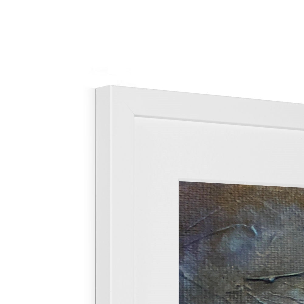White-framed Loch Ness Moonlight abstract art print in muted blues, grays, browns