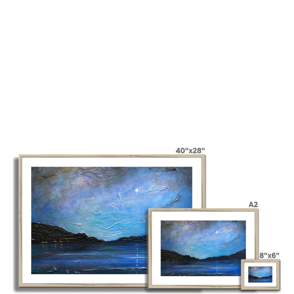 Blue textured Loch Ness moonlight landscape painting in light wood frame