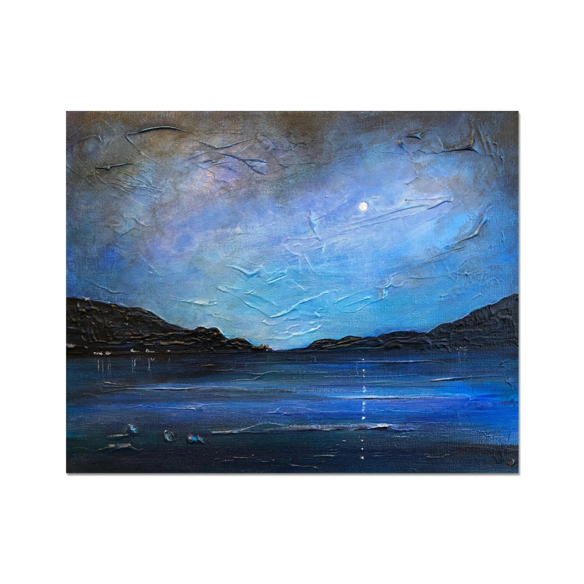 Serene Loch Ness moonlight oil painting print, blue-gray mountains and water