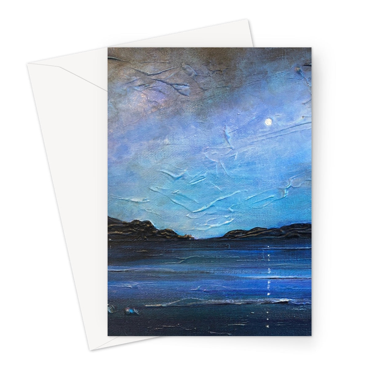 Loch Ness Moonlight greeting card with textured blue-gray moonlit seascape
