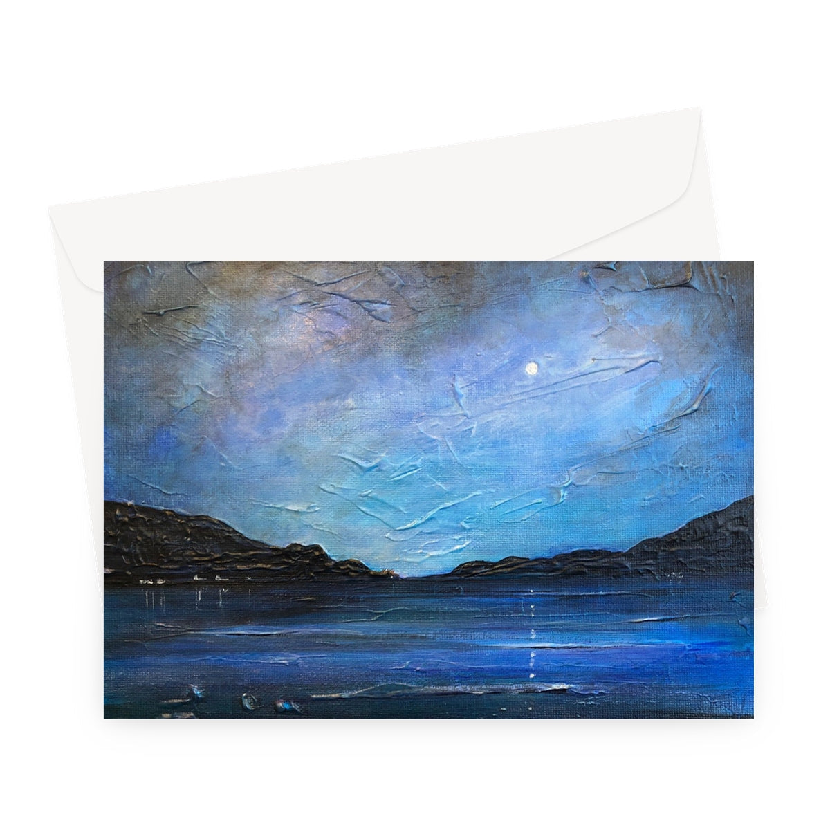 Blue textured Loch Ness Moonlight Greeting Card with coastal scene