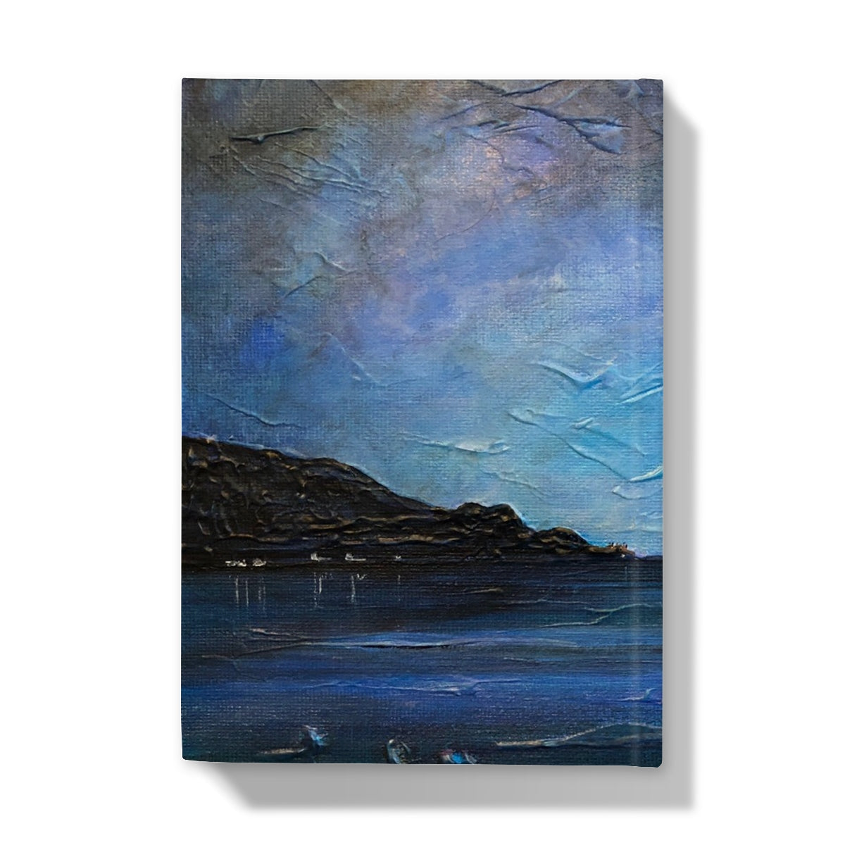 Loch Ness Moonlight journal cover: serene coastal painting with blue-purple waters and hills