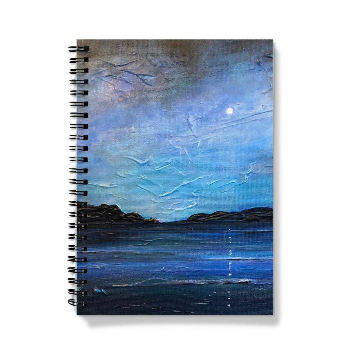 Blue-toned Loch Ness Moonlight Notebook with moonlit seascape painting