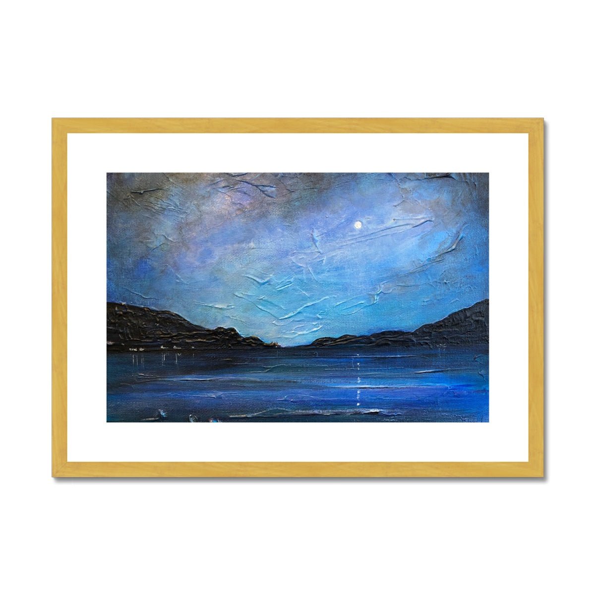 Loch Ness Moonlight Painting | Antique Framed & Mounted Prints From Scotland-Antique Framed & Mounted Prints-Scottish Lochs & Mountains Art Gallery-A2 Landscape-Gold Frame-Paintings, Prints, Homeware, Art Gifts From Scotland By Scottish Artist Kevin Hunter