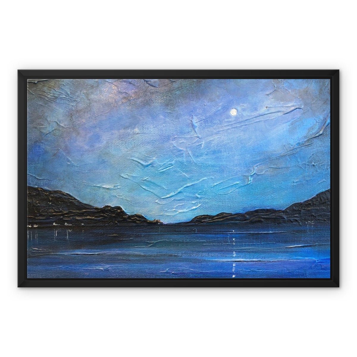 Loch Ness Moonlight Painting | Framed Canvas-Floating Framed Canvas Prints-Scottish Lochs & Mountains Art Gallery-24"x18"-Black Frame-Paintings, Prints, Homeware, Art Gifts From Scotland By Scottish Artist Kevin Hunter