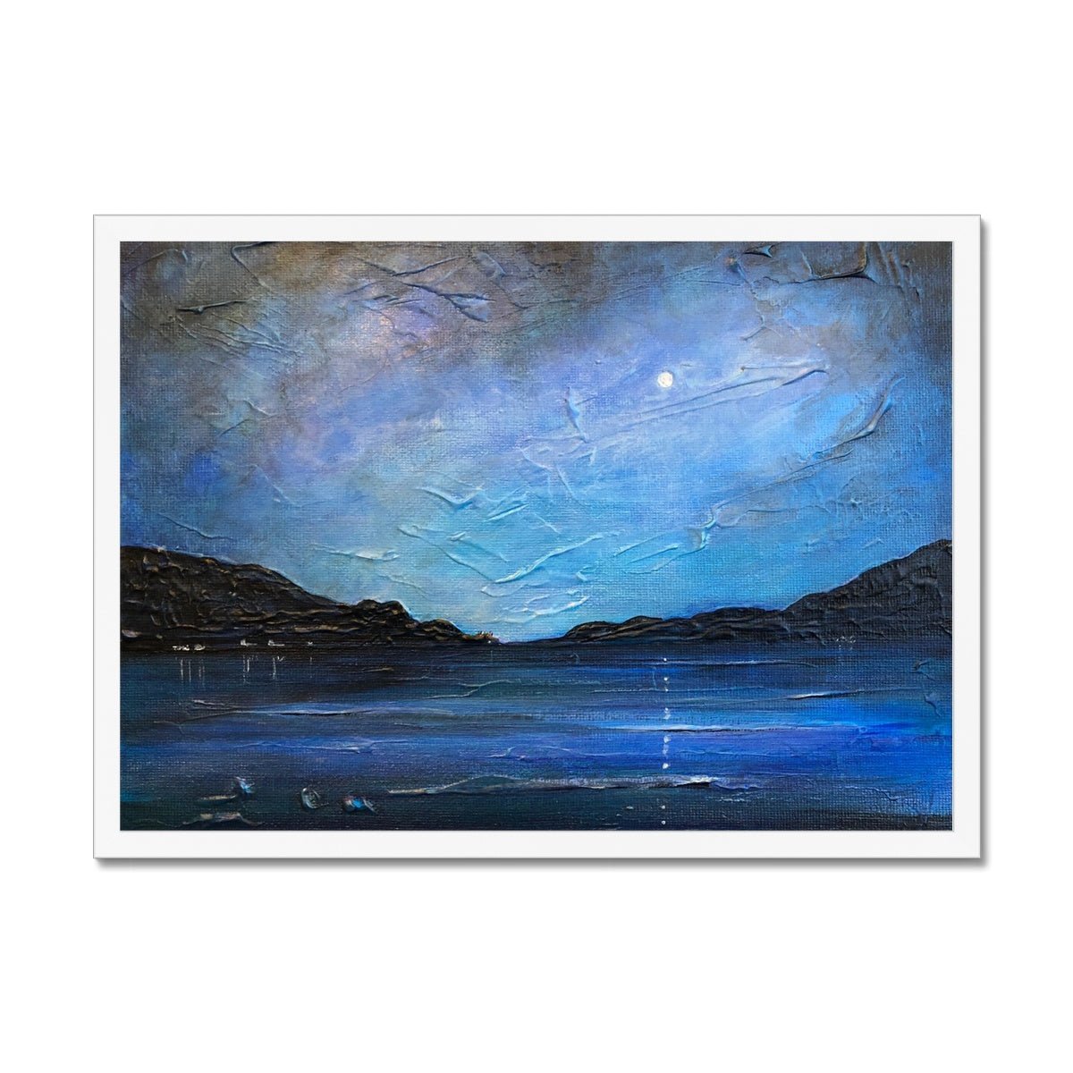 Loch Ness Moonlight Painting | Framed Prints From Scotland-Framed Prints-Scottish Lochs & Mountains Art Gallery-A2 Landscape-White Frame-Paintings, Prints, Homeware, Art Gifts From Scotland By Scottish Artist Kevin Hunter