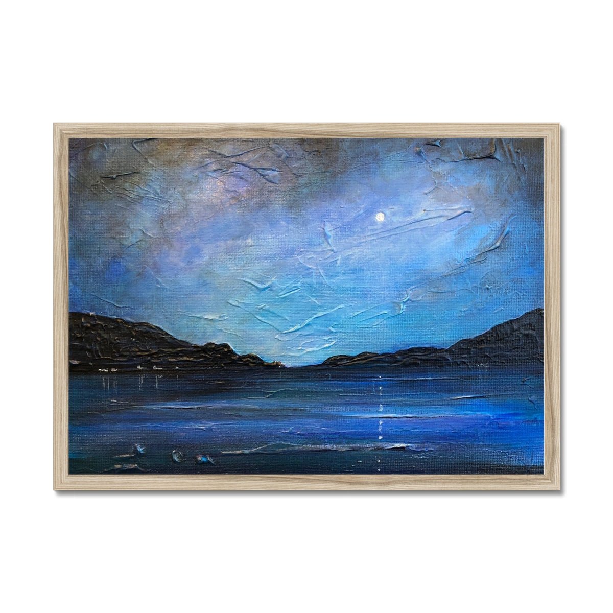 Loch Ness Moonlight Painting | Framed Prints From Scotland-Framed Prints-Scottish Lochs & Mountains Art Gallery-A2 Landscape-Natural Frame-Paintings, Prints, Homeware, Art Gifts From Scotland By Scottish Artist Kevin Hunter