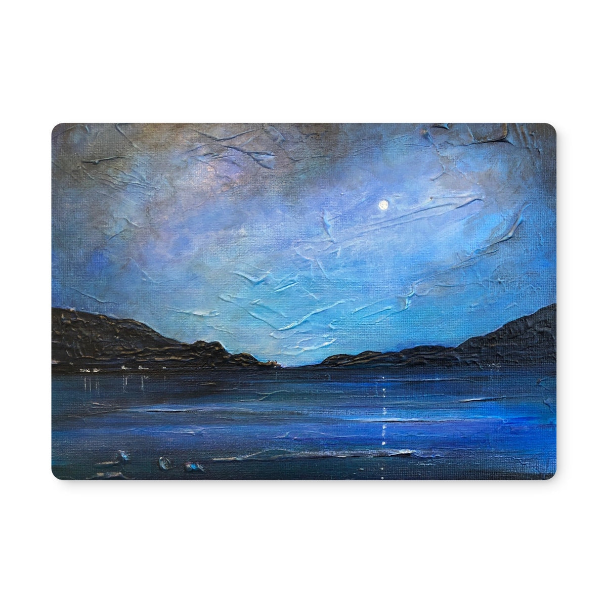 Blue textured Loch Ness Moonlight placemat with moonlit lake and hills