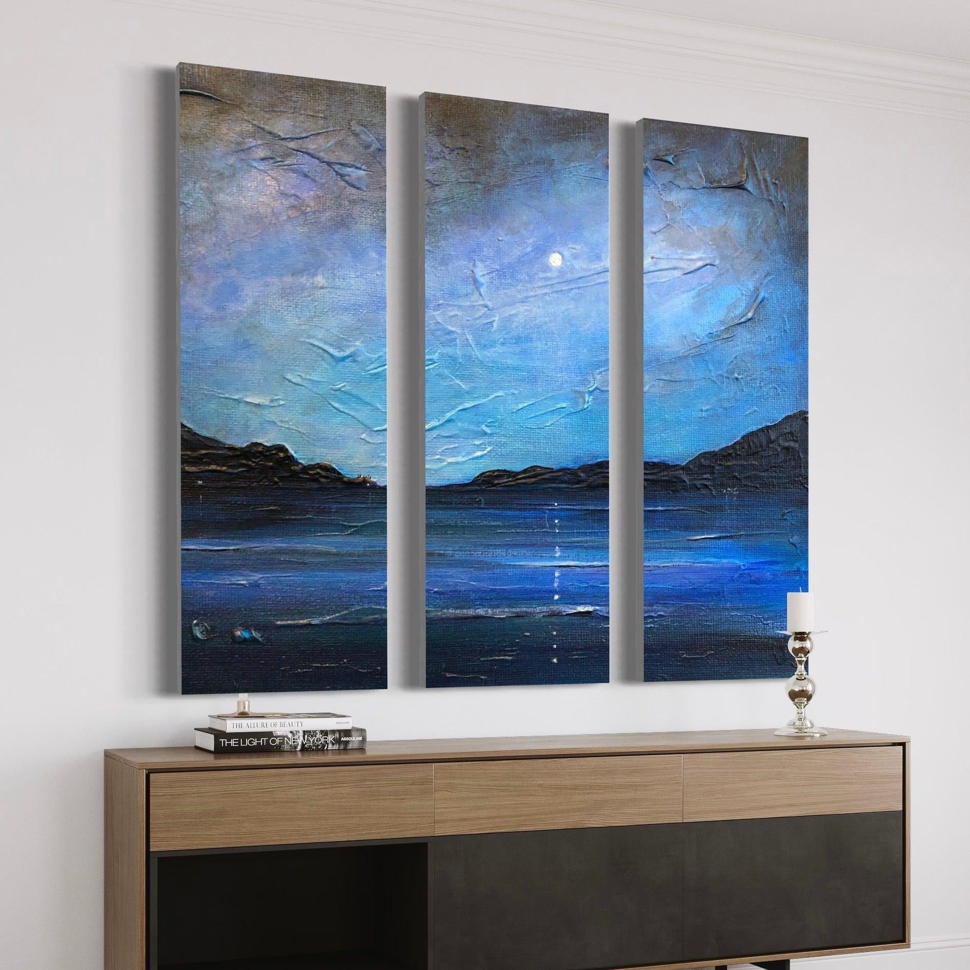 Three-panel textured landscape painting of moonlit Loch Ness lake and mountains