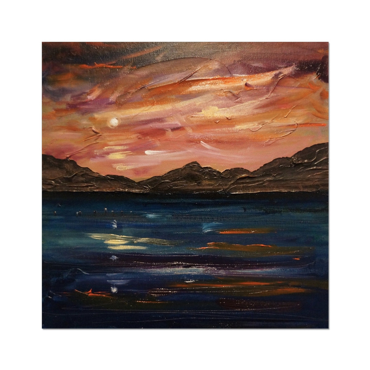 Abstract Loch Ness moonset: sunset over water in orange, pink, blue