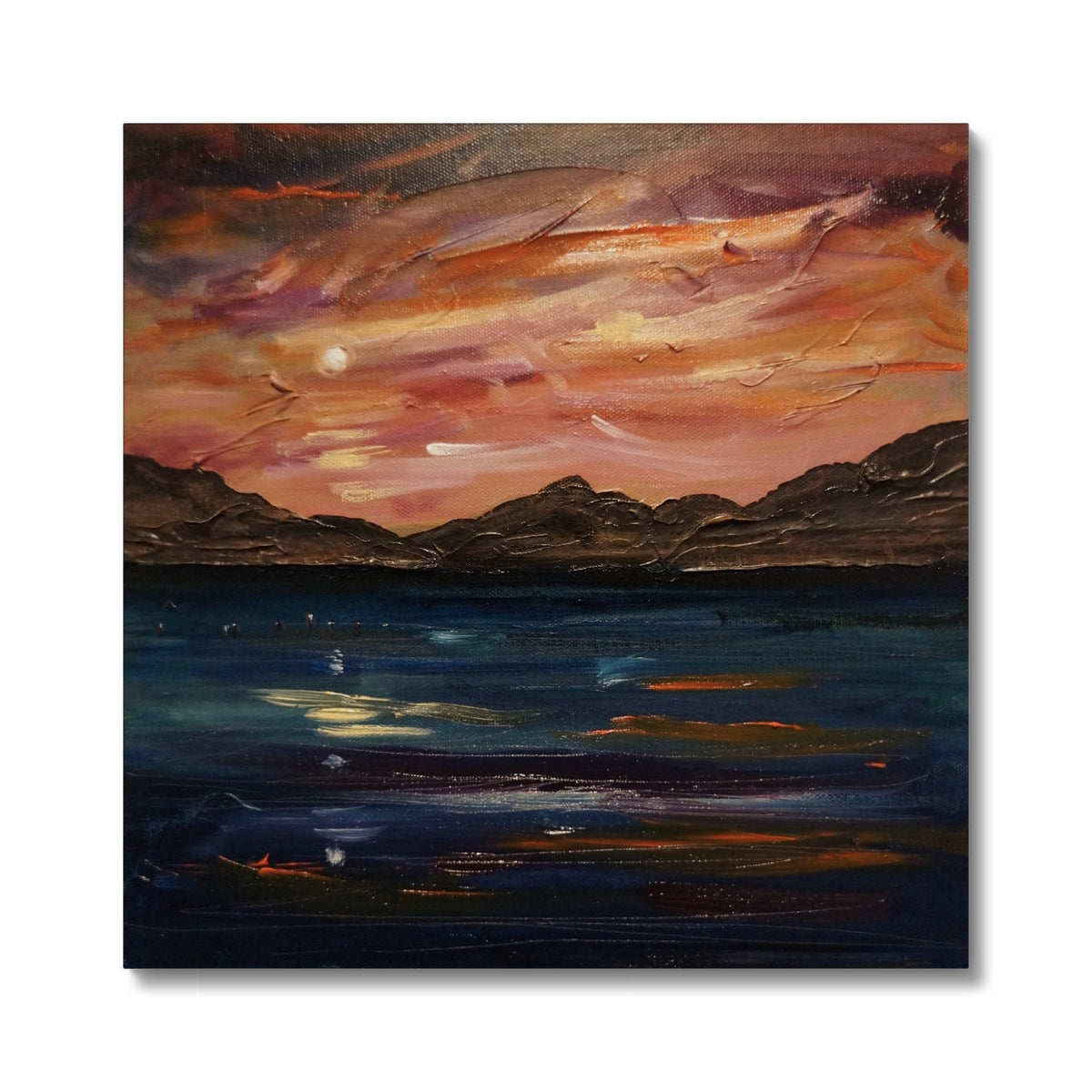 Loch Ness Moonset: Orange Pink Sunset Landscape with Mountains
