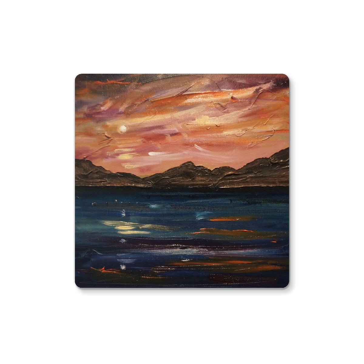 Loch Ness Moonset square coaster with abstract orange-pink landscape on blue
