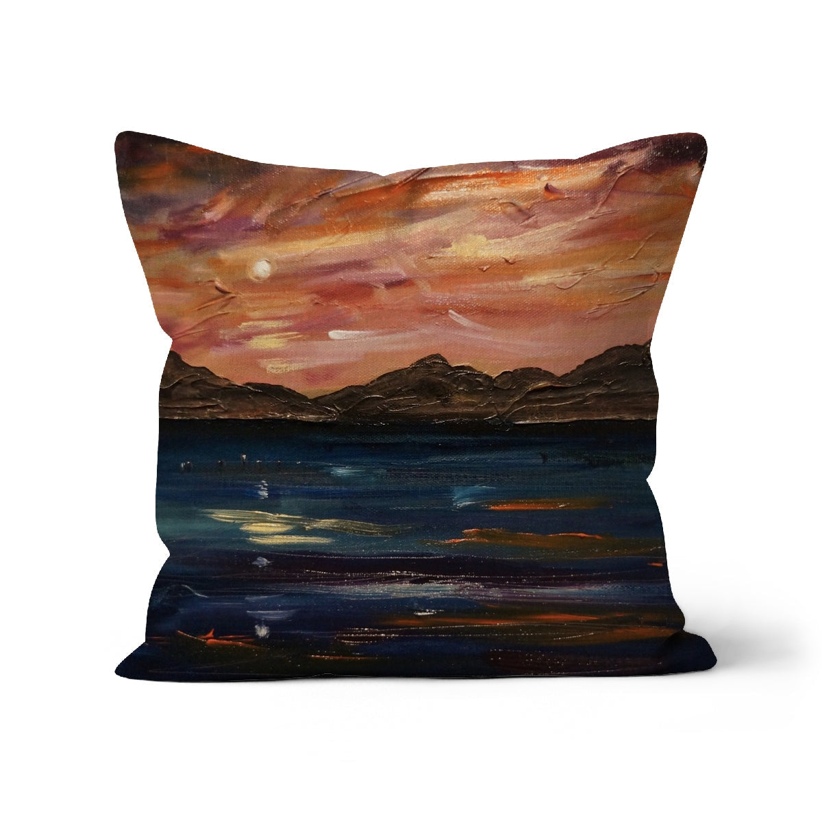 Loch Ness Moonset Cushion with abstract warm orange landscape on dark background