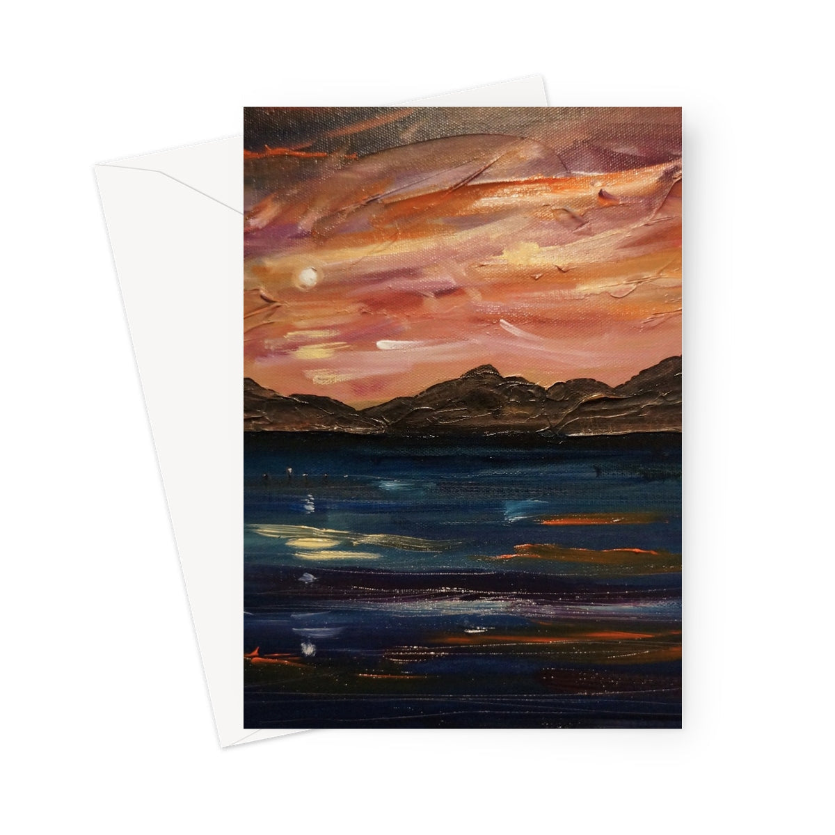 Loch Ness Moonset greeting card with vibrant sunset hues and mountain silhouette
