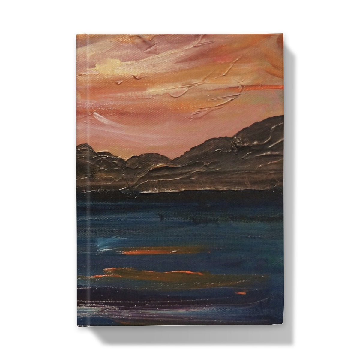 Loch Ness Moonset Journal with sunset canvas art in orange pink hues