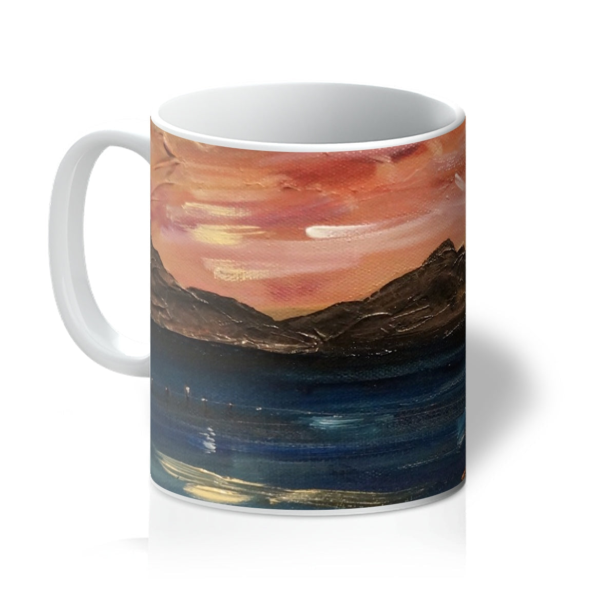 Loch Ness Moonset ceramic mug with pink-blue mountain landscape design