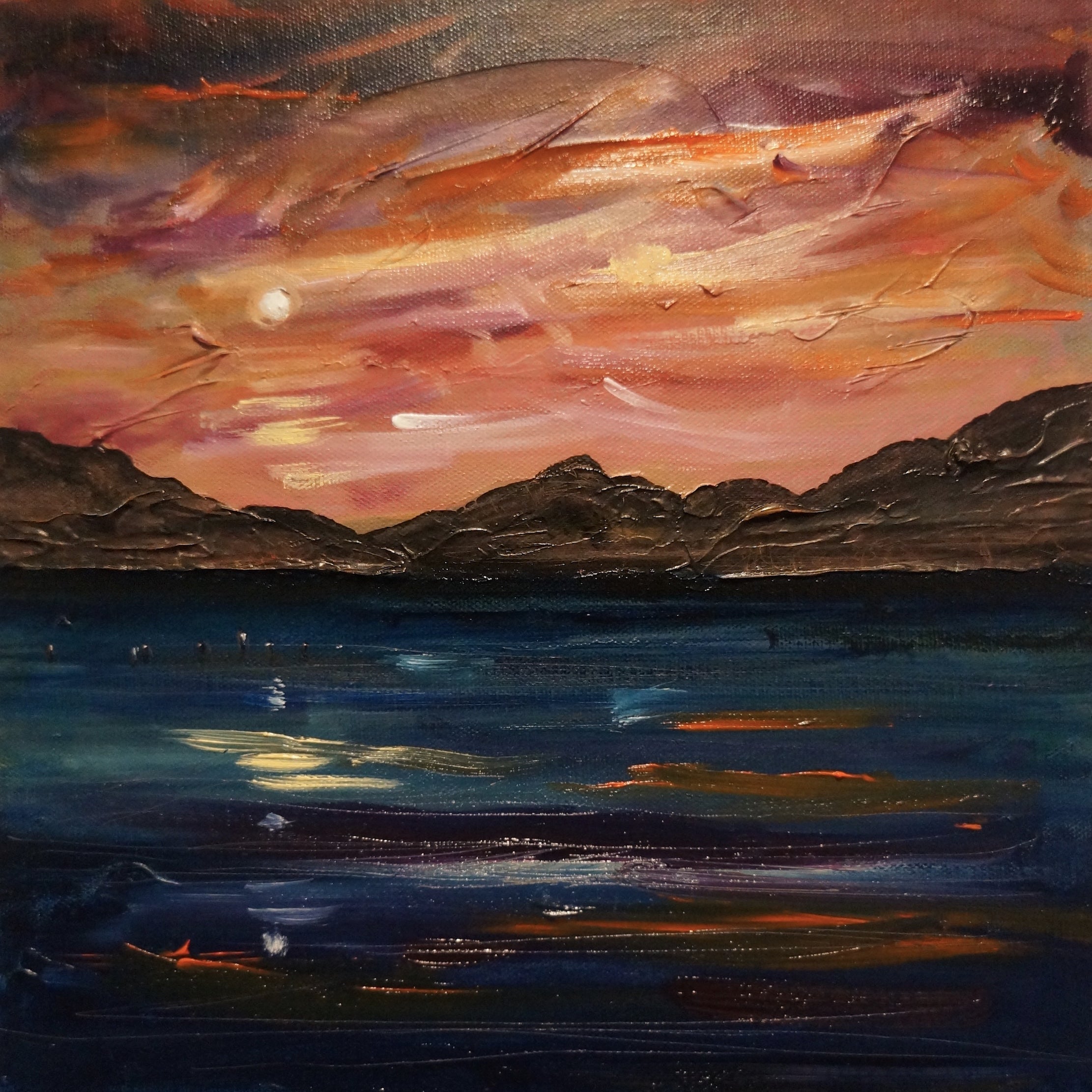 Impressionistic sunset landscape painting titled Loch Ness Moonset Original Painting