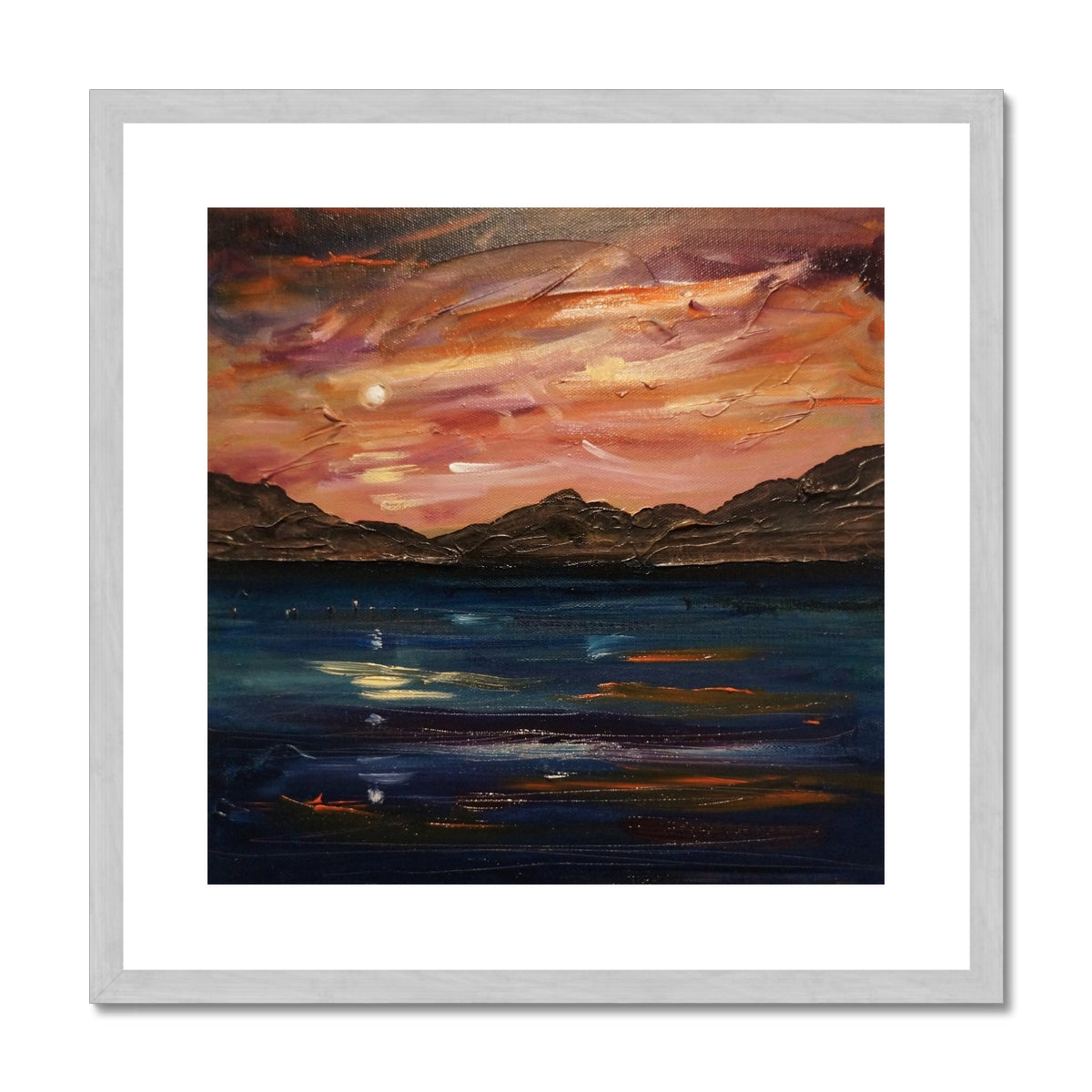 Loch Ness Moonset Painting | Antique Framed & Mounted Prints From Scotland-Antique Framed & Mounted Prints-Scottish Lochs & Mountains Art Gallery-20"x20"-Silver Frame-Paintings, Prints, Homeware, Art Gifts From Scotland By Scottish Artist Kevin Hunter