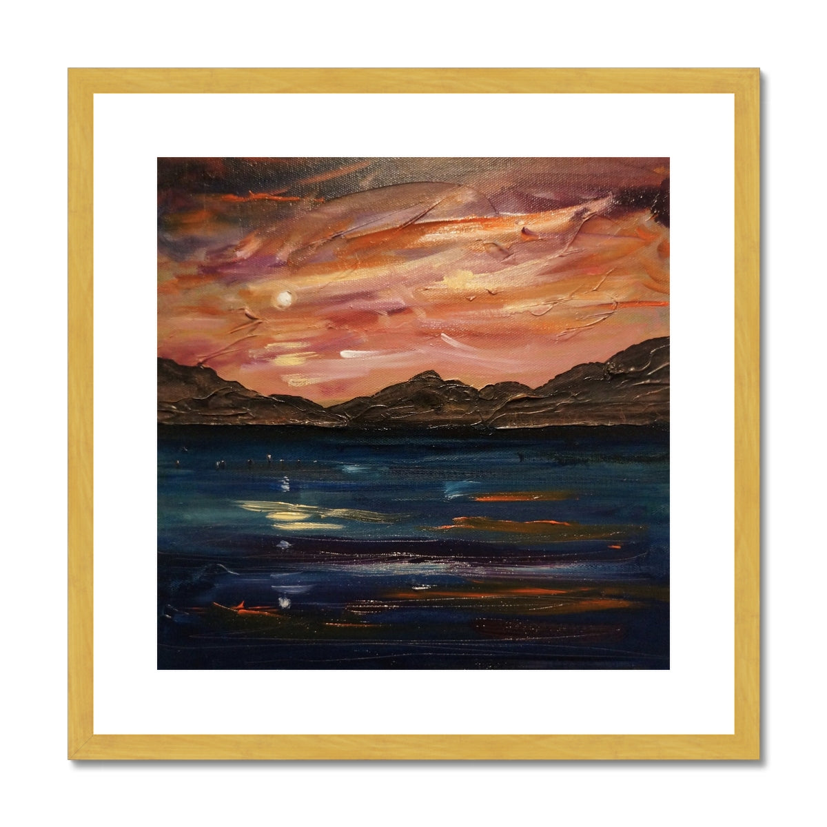 Loch Ness Moonset Painting | Antique Framed & Mounted Prints From Scotland-Antique Framed & Mounted Prints-Scottish Lochs & Mountains Art Gallery-20"x20"-Gold Frame-Paintings, Prints, Homeware, Art Gifts From Scotland By Scottish Artist Kevin Hunter