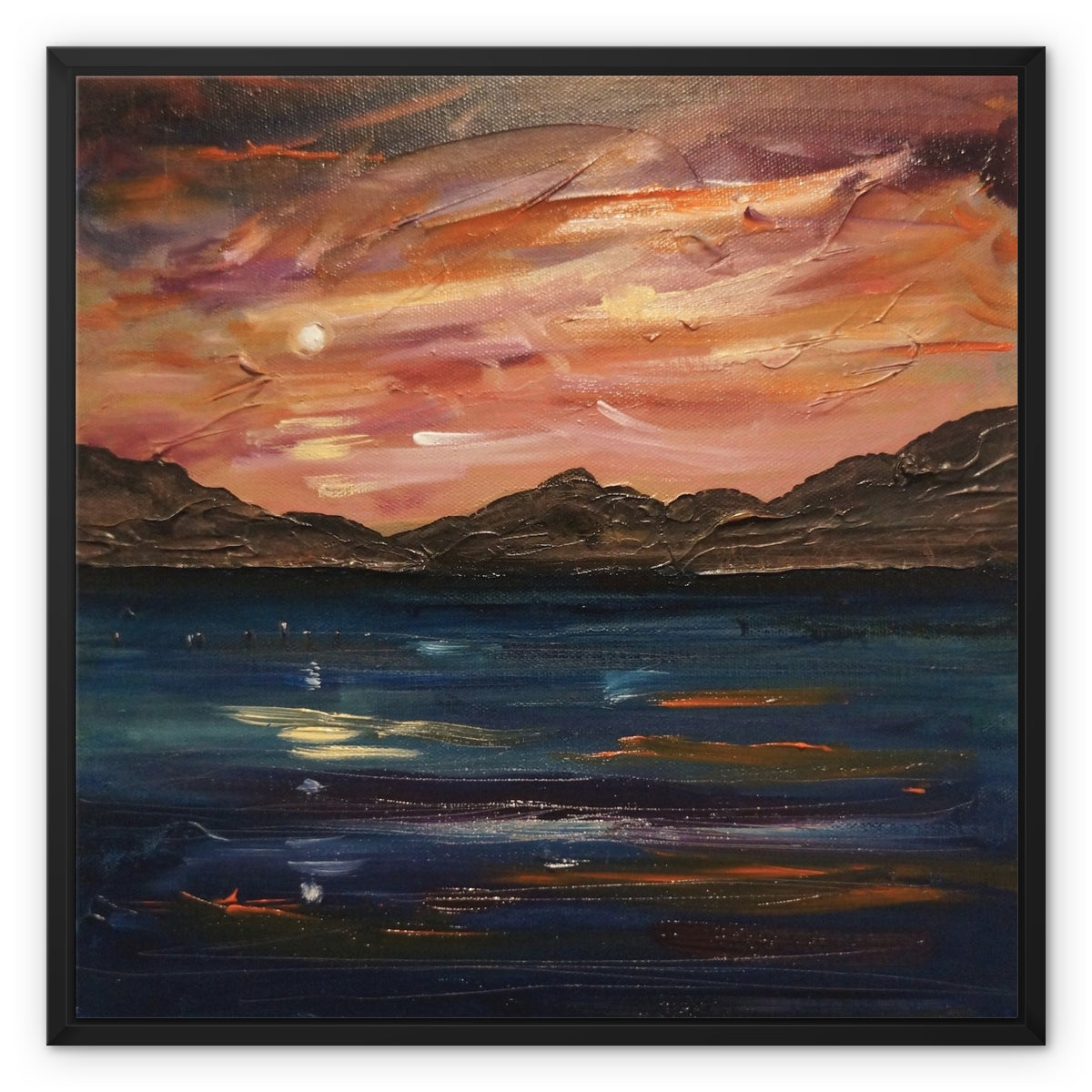 Loch Ness Moonset Painting | Framed Canvas From Scotland-Floating Framed Canvas Prints-Scottish Lochs & Mountains Art Gallery-24"x24"-Paintings, Prints, Homeware, Art Gifts From Scotland By Scottish Artist Kevin Hunter