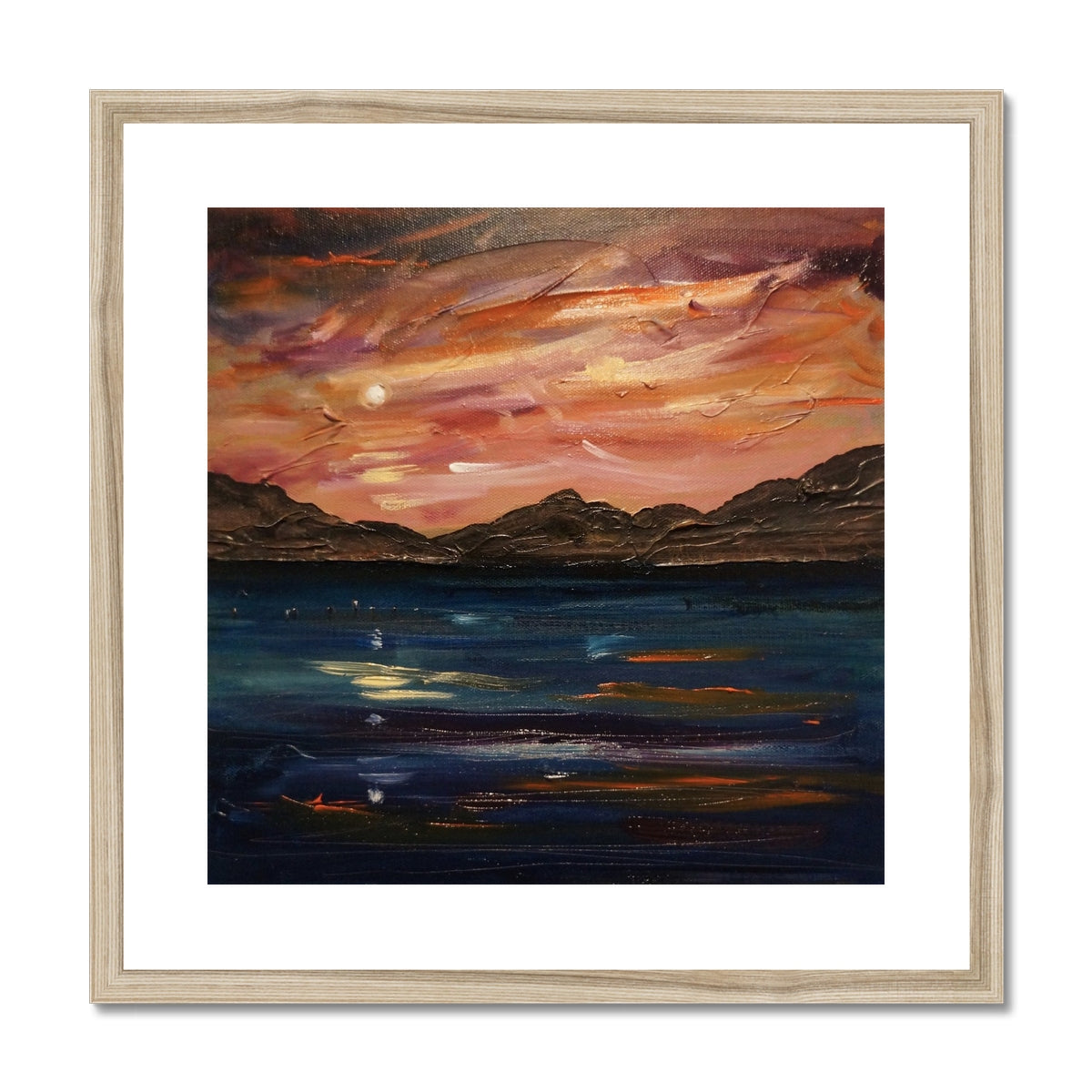 Loch Ness Moonset Painting | Framed & Mounted Prints From Scotland-Framed & Mounted Prints-Scottish Lochs & Mountains Art Gallery-20"x20"-Natural Frame-Paintings, Prints, Homeware, Art Gifts From Scotland By Scottish Artist Kevin Hunter