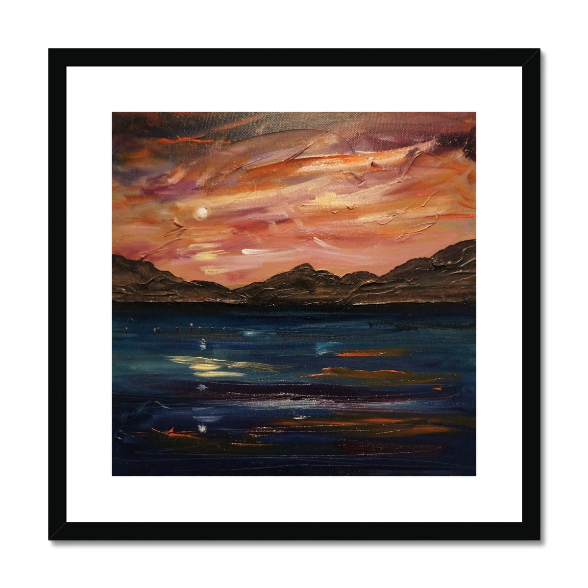 Loch Ness Moonset Painting | Framed & Mounted Prints From Scotland-Framed & Mounted Prints-Scottish Lochs & Mountains Art Gallery-20"x20"-Black Frame-Paintings, Prints, Homeware, Art Gifts From Scotland By Scottish Artist Kevin Hunter