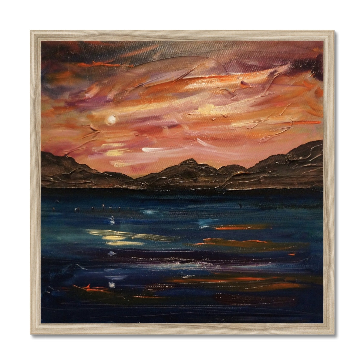 Loch Ness Moonset Painting | Framed Prints From Scotland-Framed Prints-Scottish Lochs & Mountains Art Gallery-20"x20"-Natural Frame-Paintings, Prints, Homeware, Art Gifts From Scotland By Scottish Artist Kevin Hunter