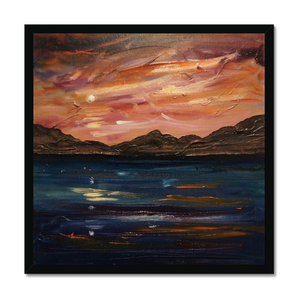 Loch Ness Moonset Painting | Framed Prints From Scotland-Framed Prints-Scottish Lochs & Mountains Art Gallery-20"x20"-Black Frame-Paintings, Prints, Homeware, Art Gifts From Scotland By Scottish Artist Kevin Hunter