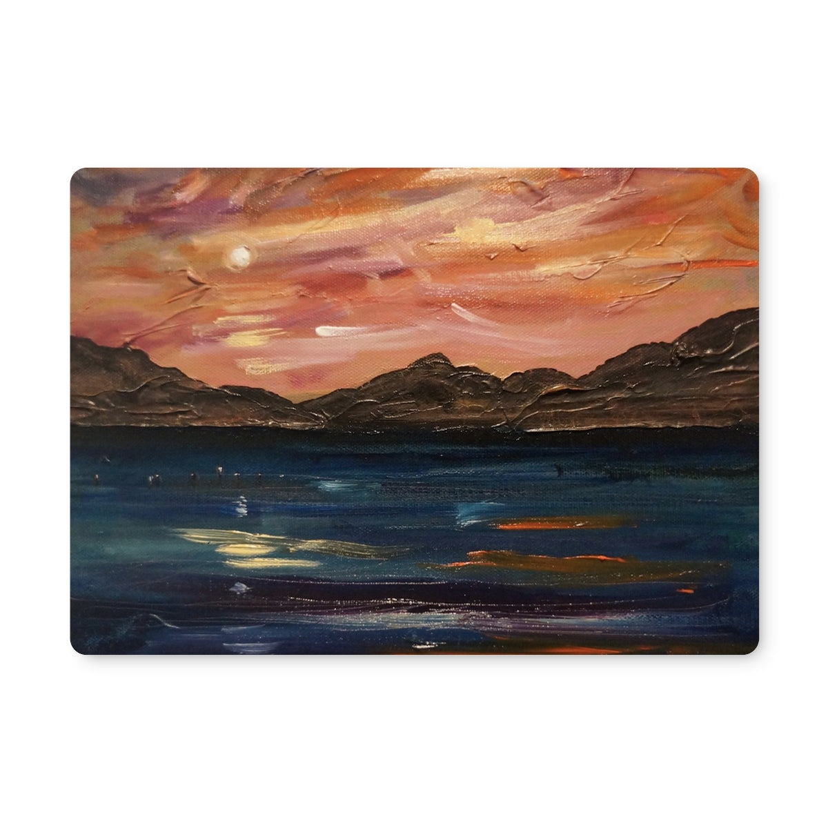 Vibrant sunset landscape painting on Loch Ness Moonset Placemat canvas