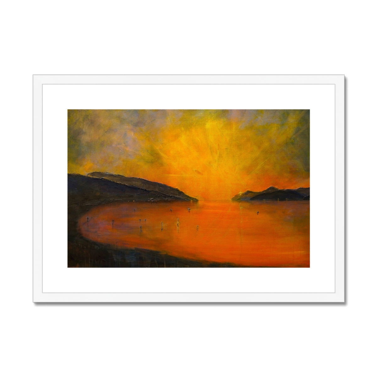 Framed Loch Ness Sunset abstract print with vibrant orange hues