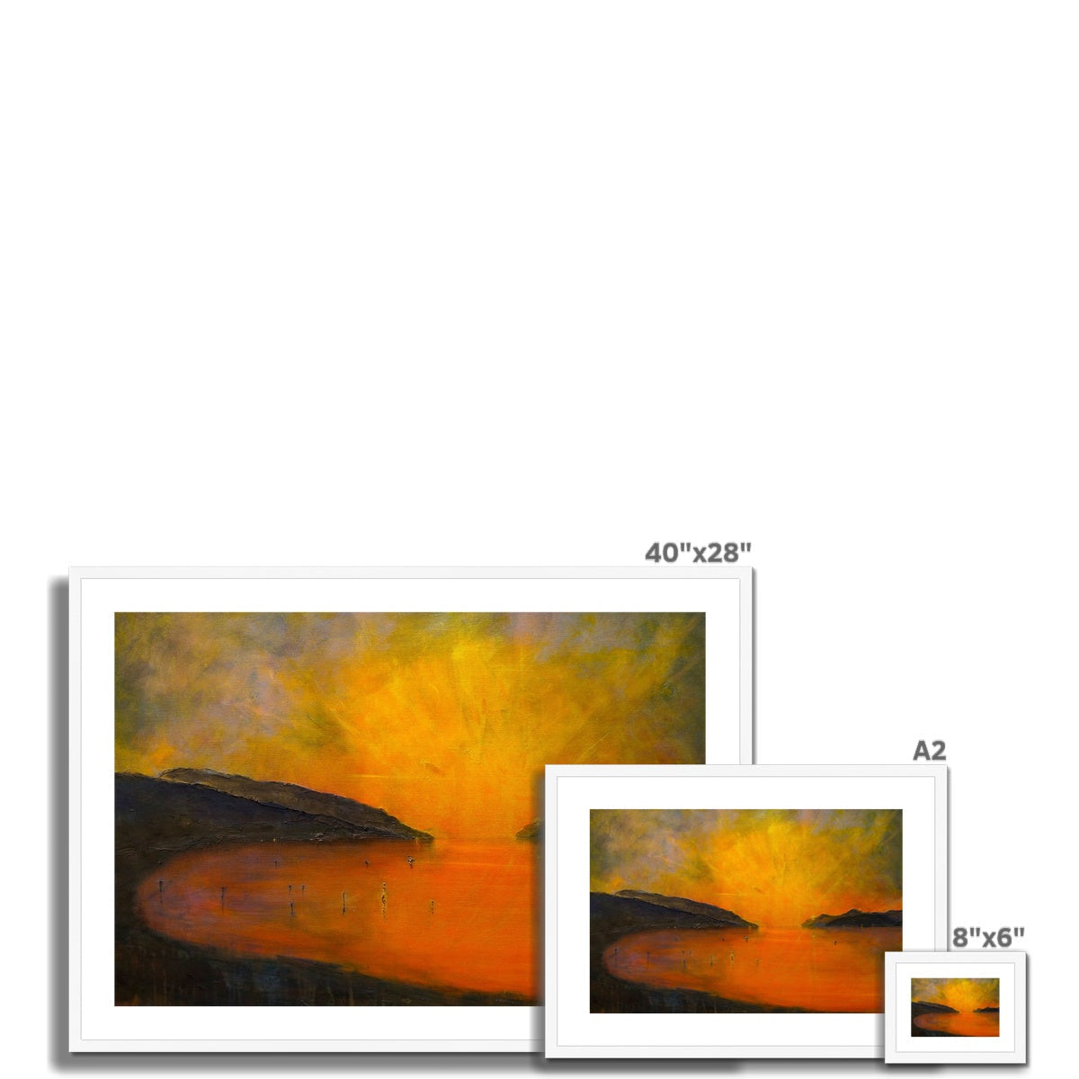 Framed Loch Ness Sunset abstract print with orange sky and water reflection