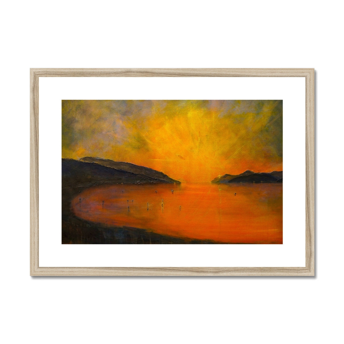 Framed Loch Ness sunset painting in warm orange hues on water, light wood frame