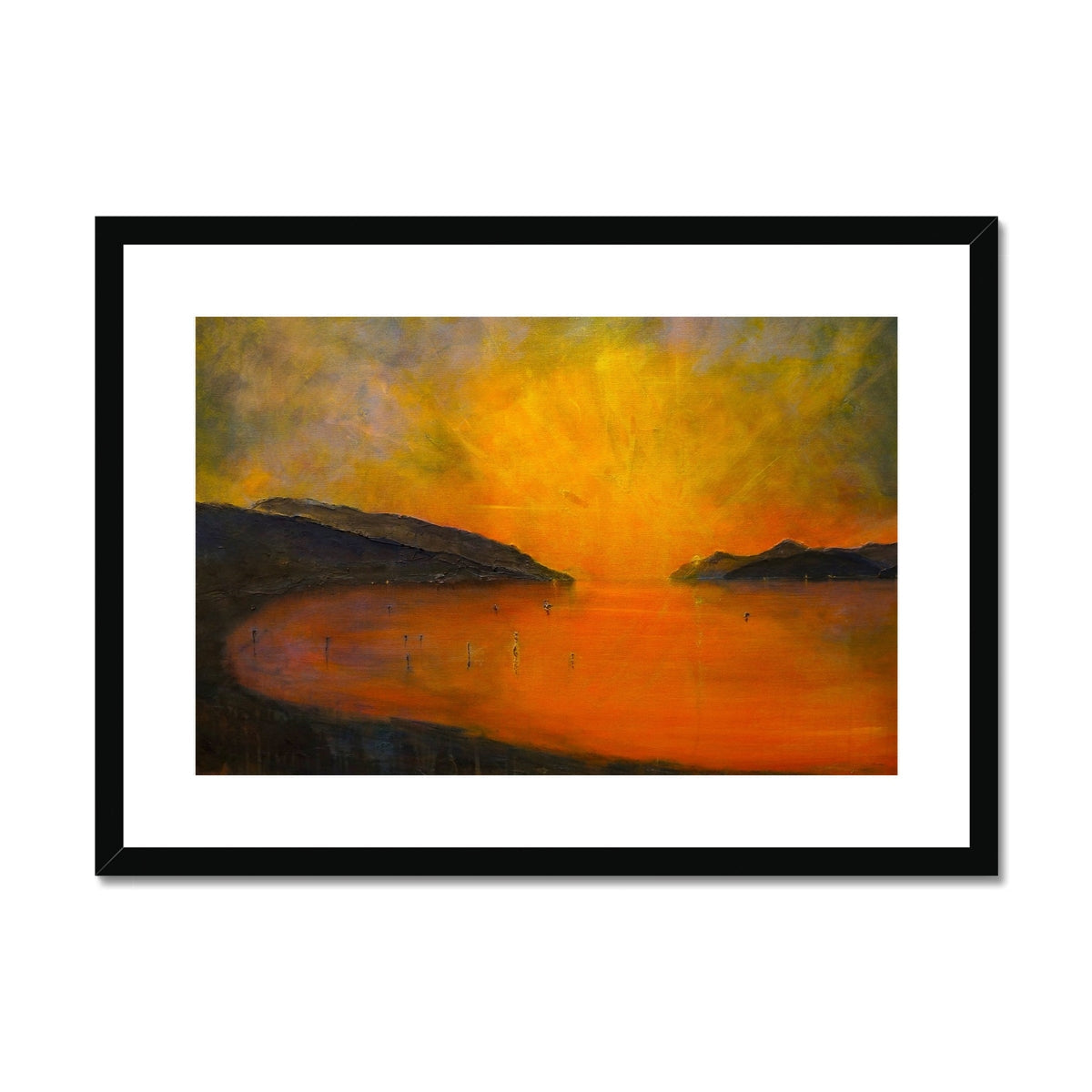 Framed Loch Ness Sunset abstract landscape print in orange hues