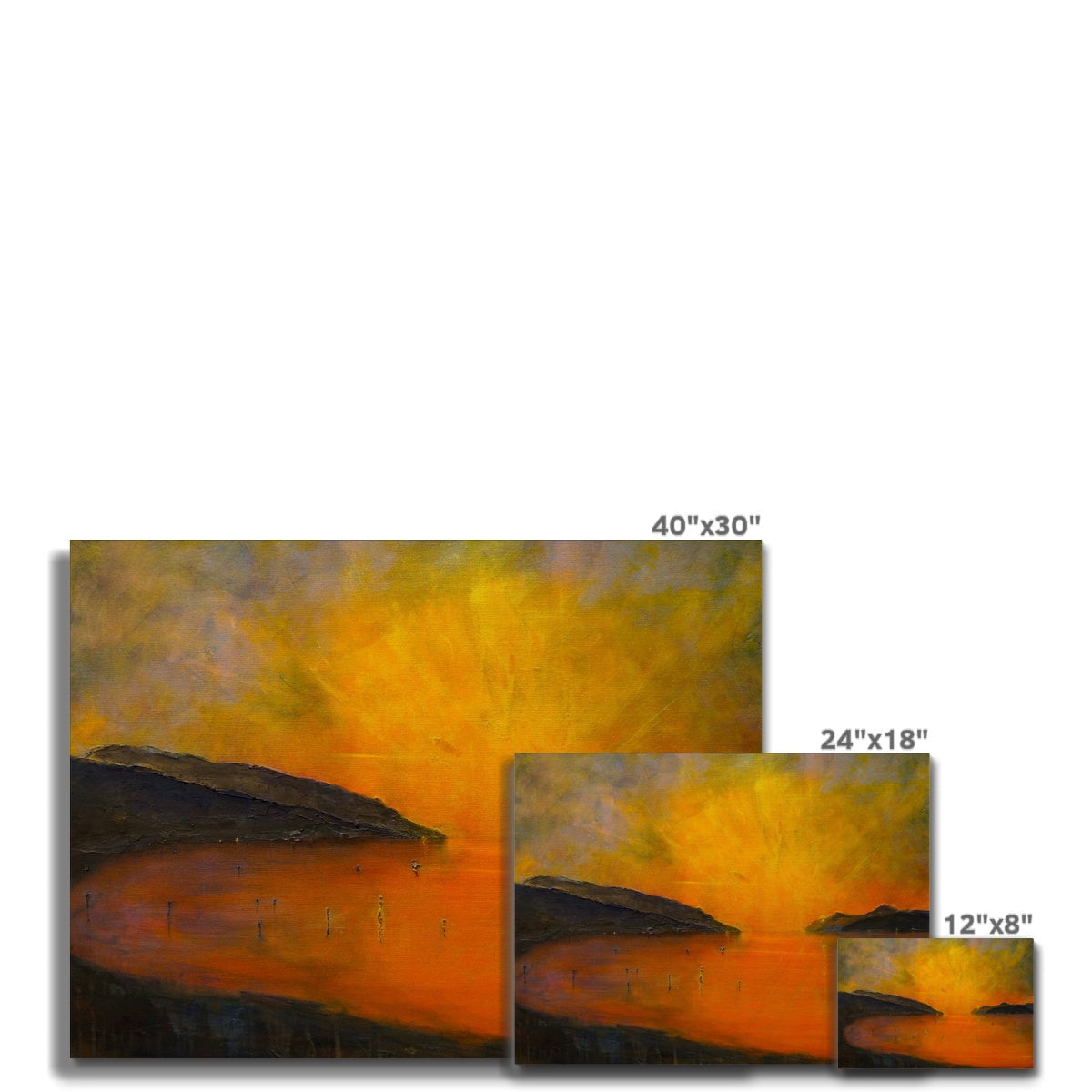 Three Loch Ness Sunset abstract canvas prints in vibrant orange skies
