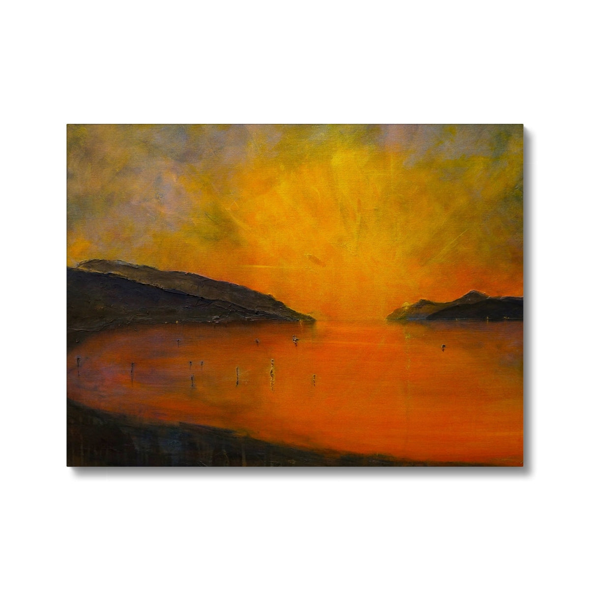 Loch Ness Sunset abstract canvas print with orange hues over water and hills