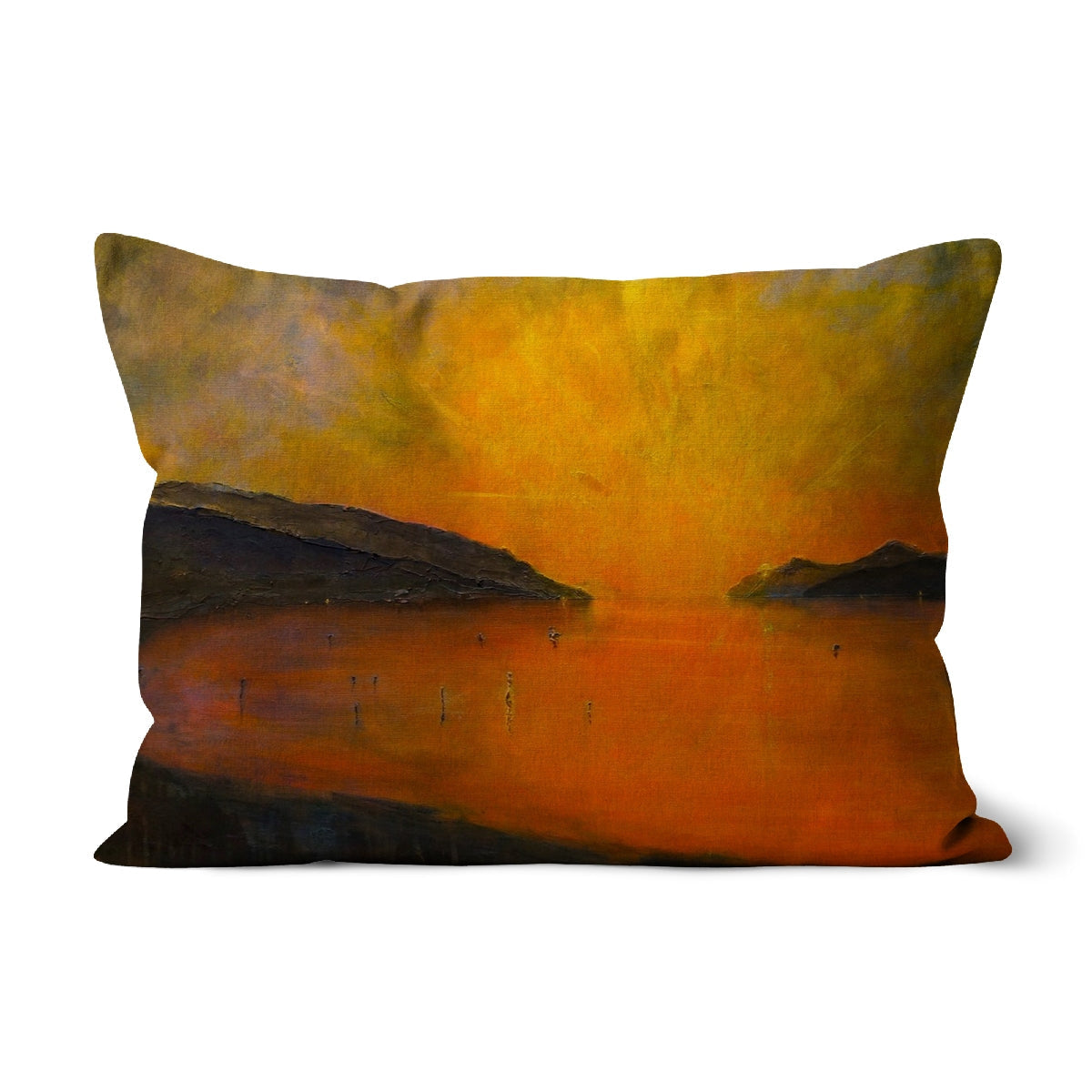 Loch Ness Sunset Cushion with impressionistic orange-yellow sky over silhouetted hills
