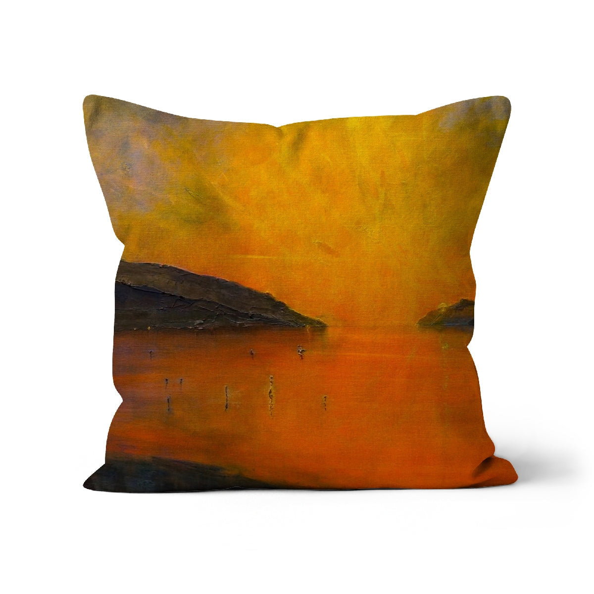 Loch Ness Sunset Cushion: textured orange-yellow landscape pillow