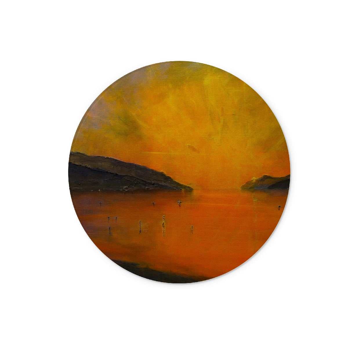 Loch Ness Sunset glass chopping board with abstract orange hills silhouette