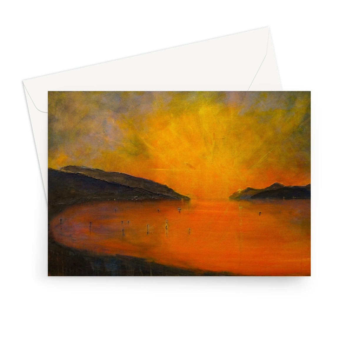 Loch Ness Sunset Greeting Card with orange yellow hills