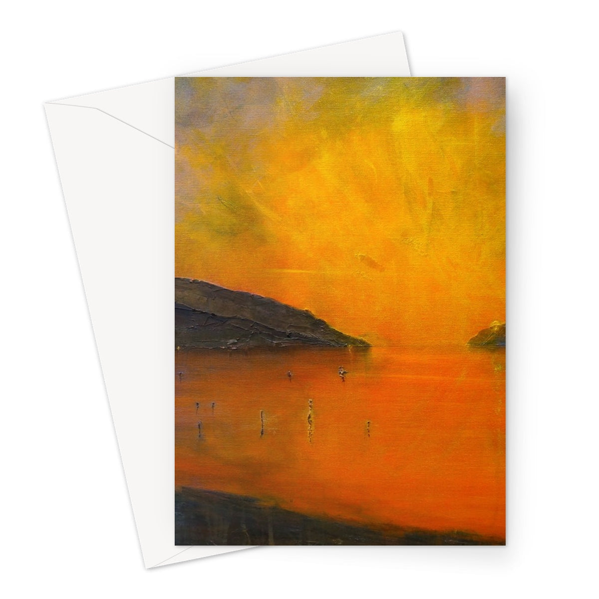 Loch Ness Sunset Greeting Card with vibrant orange sunset over water