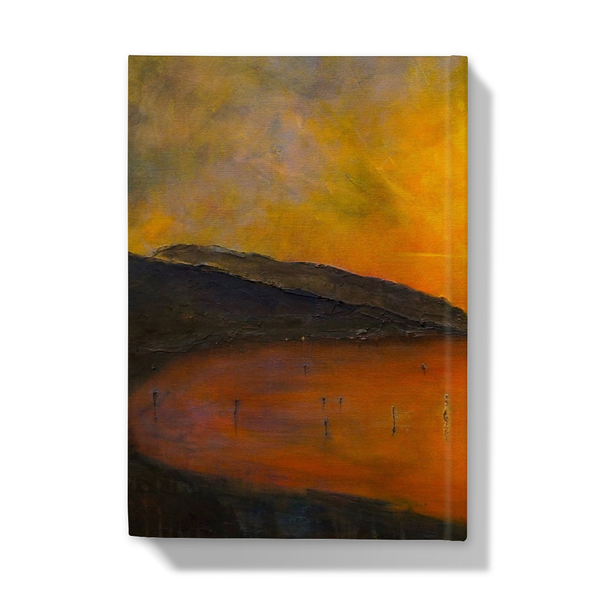Loch Ness Sunset Hardback Journal with vibrant orange-yellow sunset oil painting