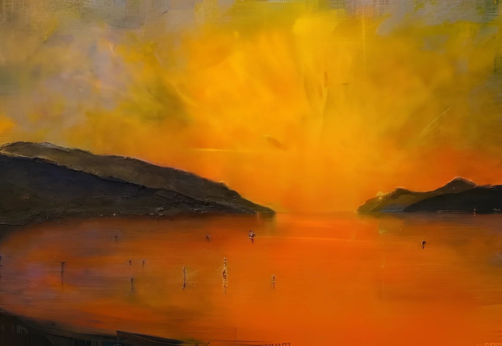 Impressionistic sunset landscape painting titled Loch Ness Sunset Original Painting