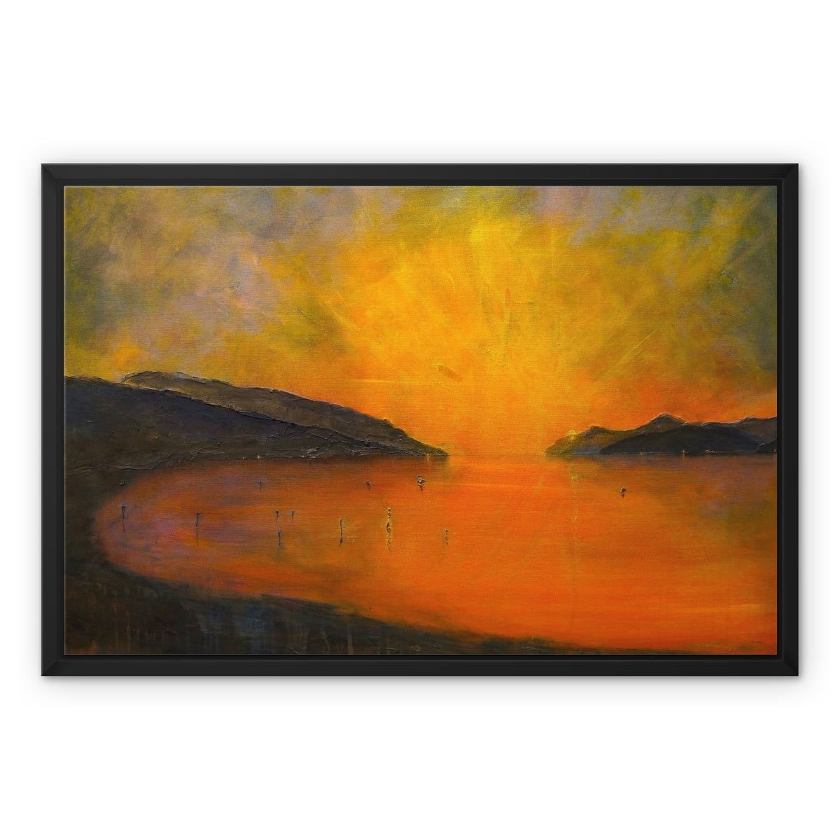 Loch Ness Sunset Painting | Framed Canvas From Scotland-Floating Framed Canvas Prints-Scottish Lochs & Mountains Art Gallery-24"x18"-Black Frame-Paintings, Prints, Homeware, Art Gifts From Scotland By Scottish Artist Kevin Hunter