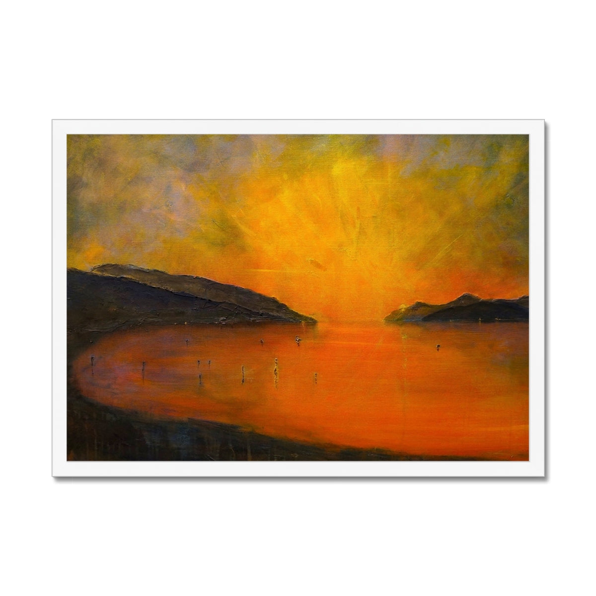 Loch Ness Sunset Painting | Framed Prints From Scotland-Framed Prints-Scottish Lochs & Mountains Art Gallery-A2 Landscape-White Frame-Paintings, Prints, Homeware, Art Gifts From Scotland By Scottish Artist Kevin Hunter
