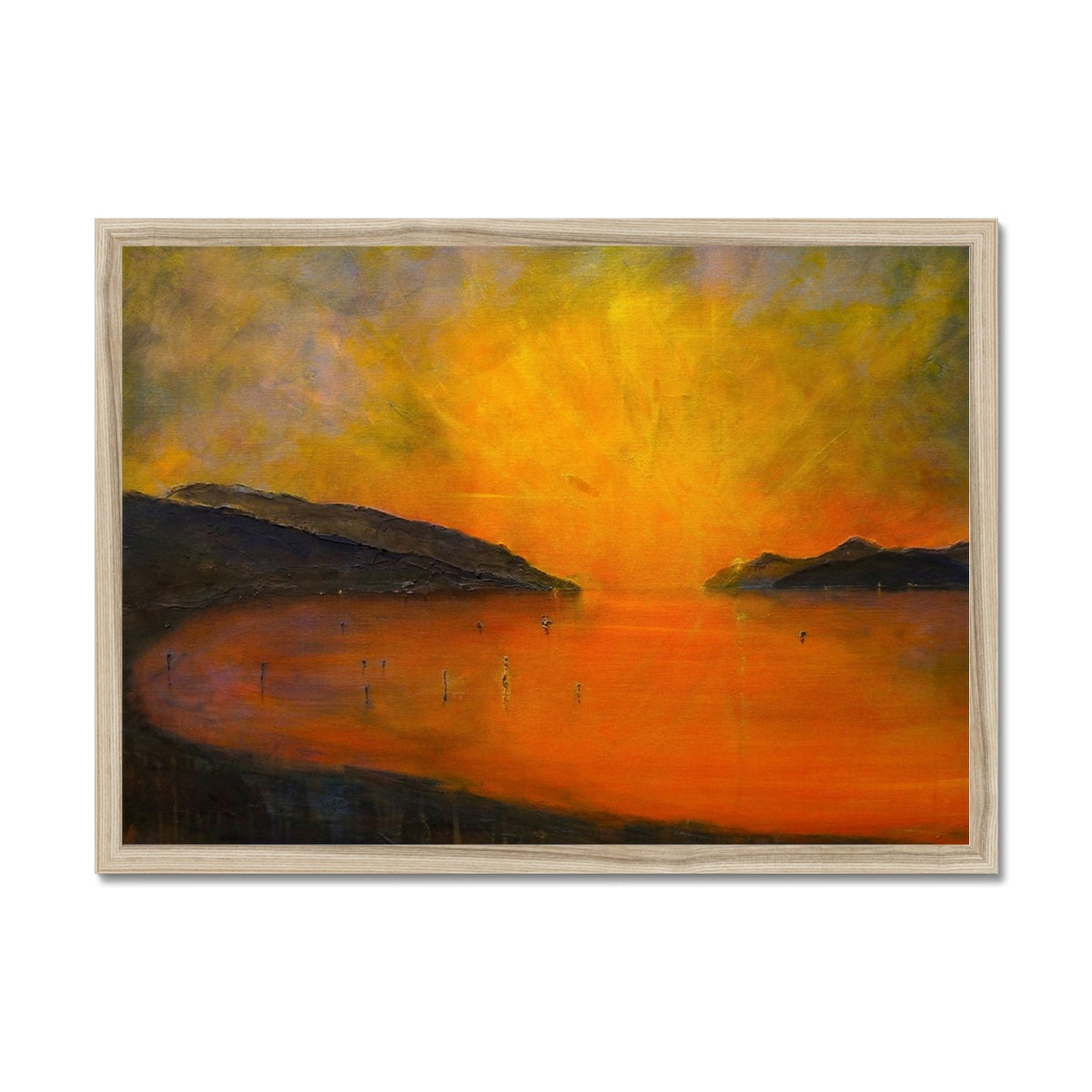 Loch Ness Sunset Painting | Framed Prints From Scotland-Framed Prints-Scottish Lochs & Mountains Art Gallery-A2 Landscape-Natural Frame-Paintings, Prints, Homeware, Art Gifts From Scotland By Scottish Artist Kevin Hunter