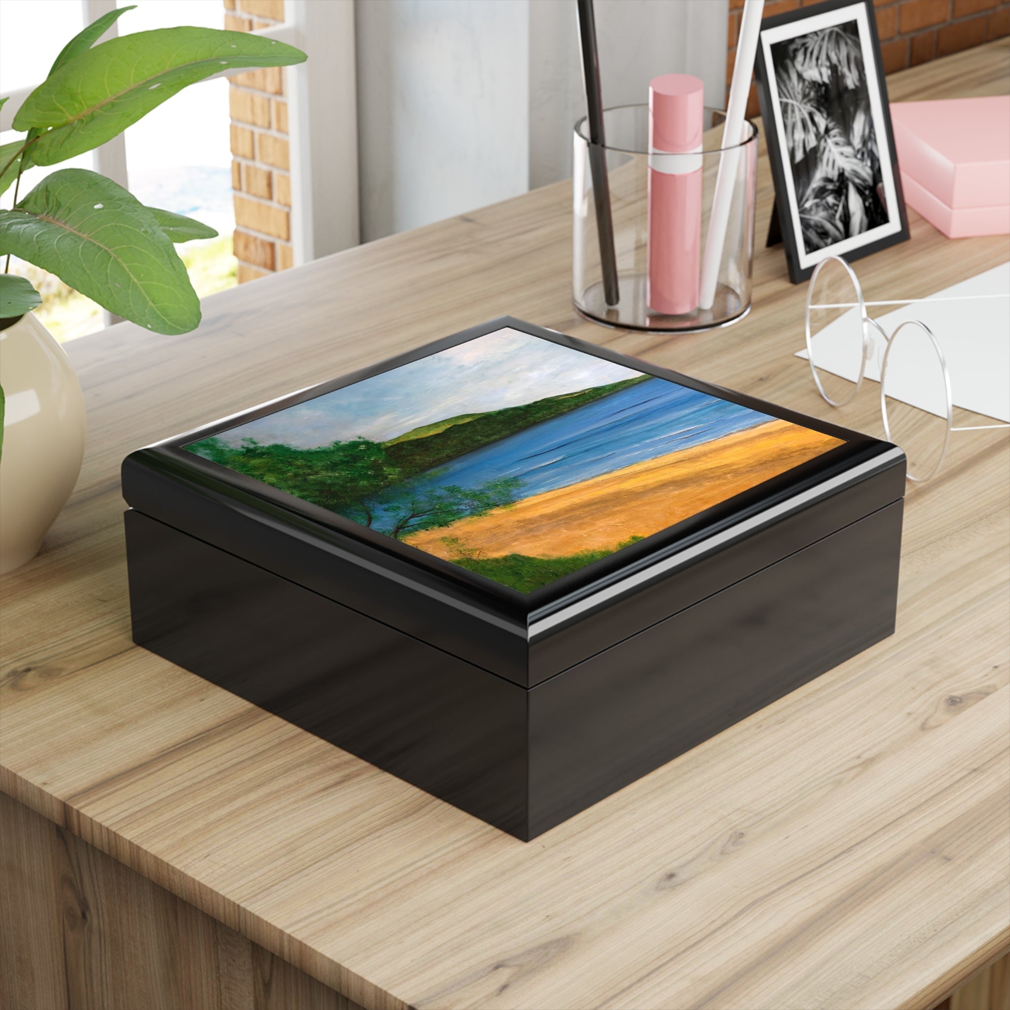 Black lacquered jewelry box with a beach scene design from Loch Rannoch Art Jewellery Box Scotland