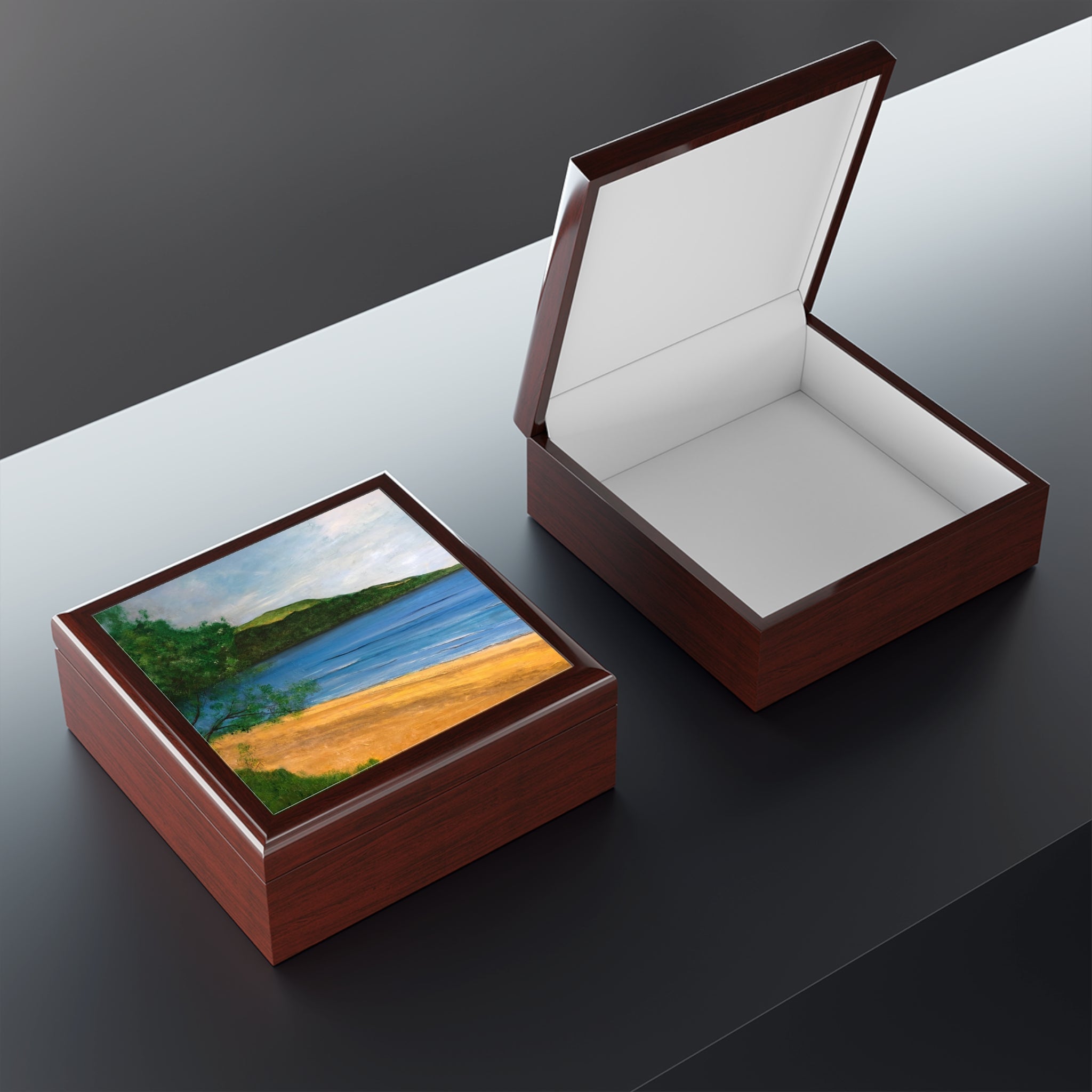 Wooden Loch Rannoch Art Jewellery Box with beach scene lid and glossy finish