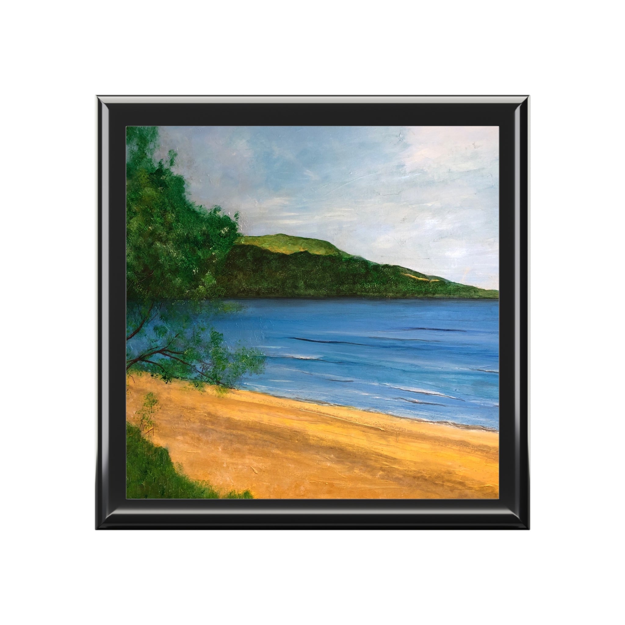 Beach scene painting with sandy shore green foliage and blue water in Loch Rannoch art jewellery box