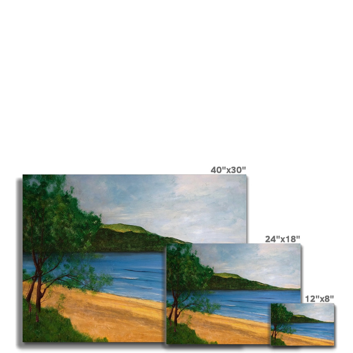 Loch Rannoch Canvas featuring a watercolor beach scene with sandy shore trees and hills