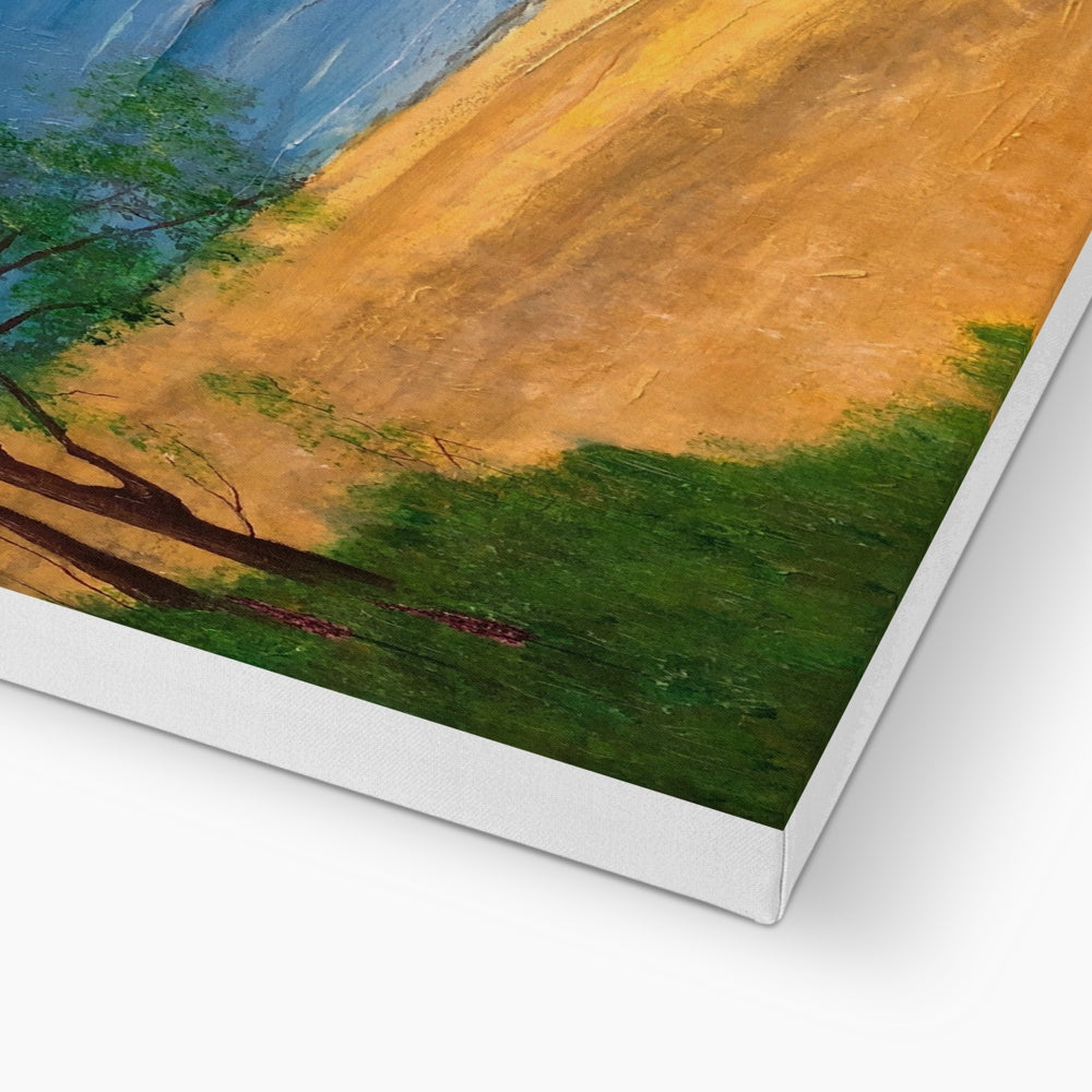 Loch Rannoch Canvas print featuring a serene landscape with green trees and yellow sand
